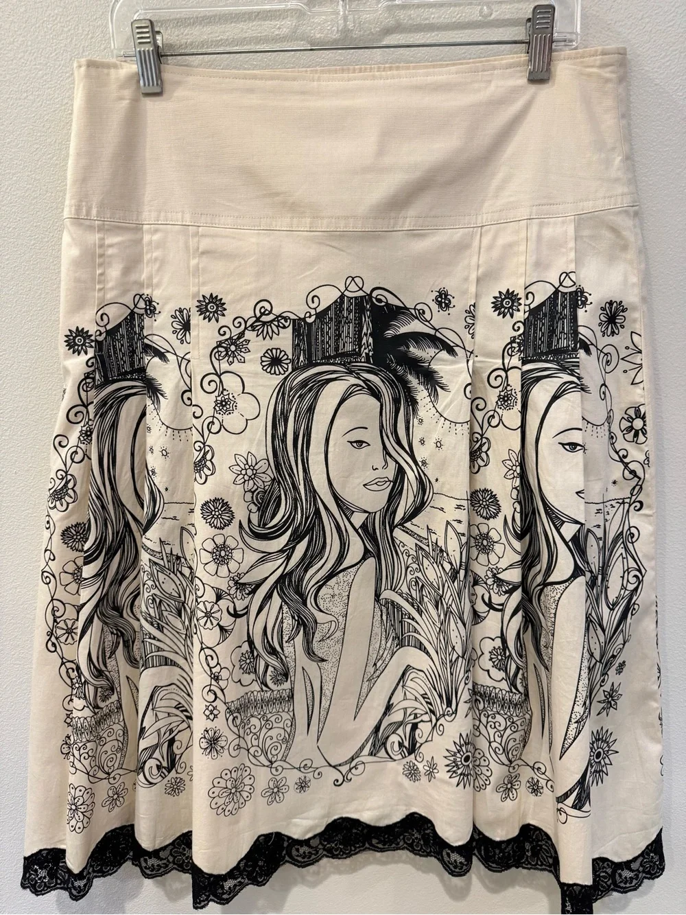 Romy Cream A-Line Skirt with Black Illustrated Panel and Lace